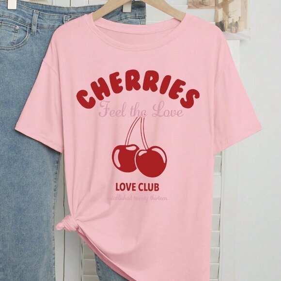 Pink Casual Women's Cherry Pattern & Letter Print Round Neck T-Shirt - Picture 3 of 5